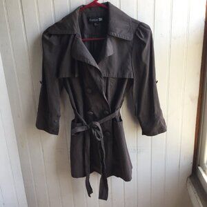 Forever 21 Gray Silky Trench coat Belted Poly Nylon Blend Double Breasted - Med